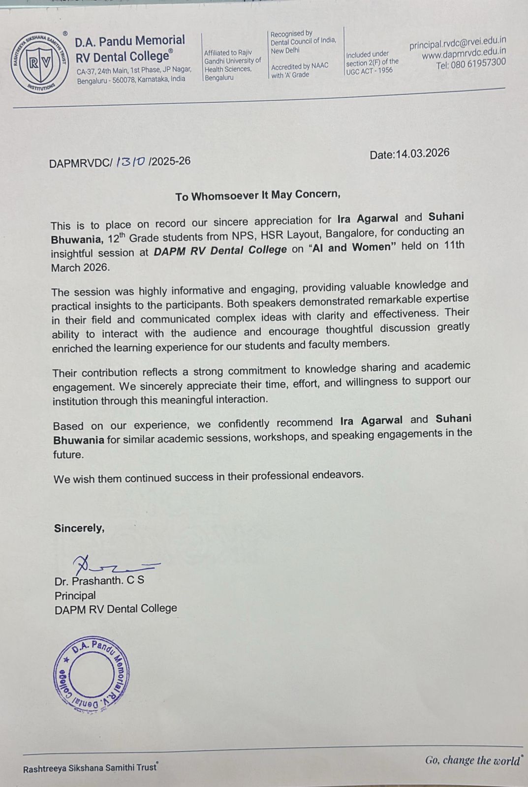RV Dental College LOR